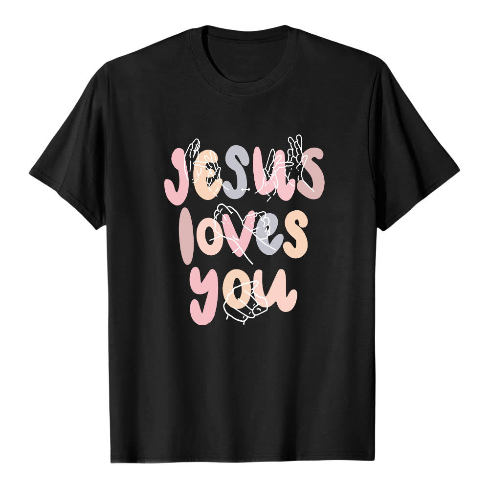 Christianartworkshop Jesus liebt dich – Bubble Letter Gebärdensprache Handlinienkunst Frontdruck Klassisches T-Shirt - Schwarz - 2XL - image 9