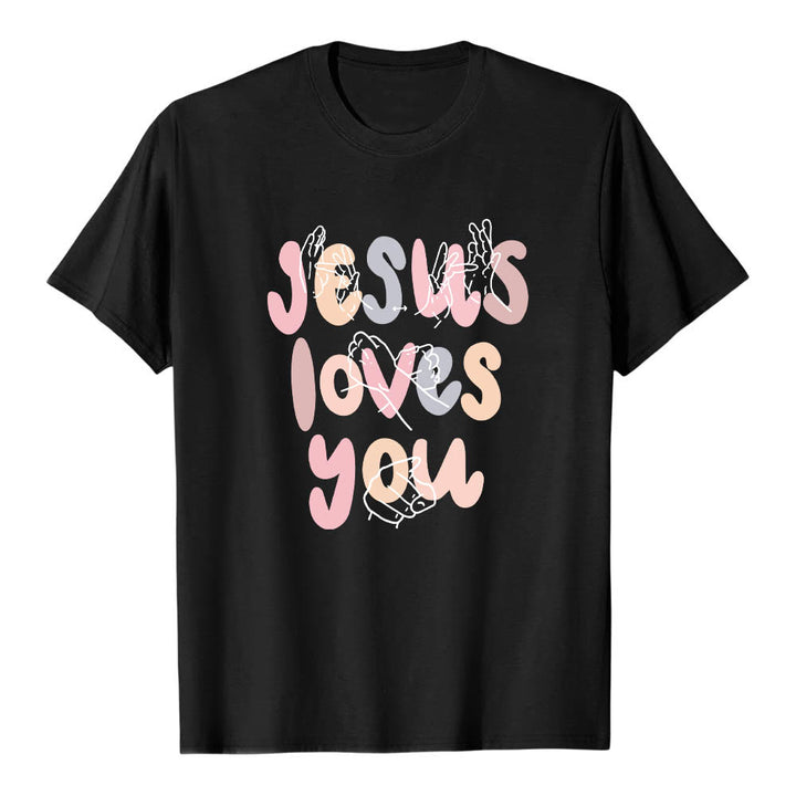 Christianartworkshop Jesus liebt dich – Bubble Letter Gebärdensprache Handlinienkunst Frontdruck Klassisches T-Shirt - Schwarz - 2XL - image 9