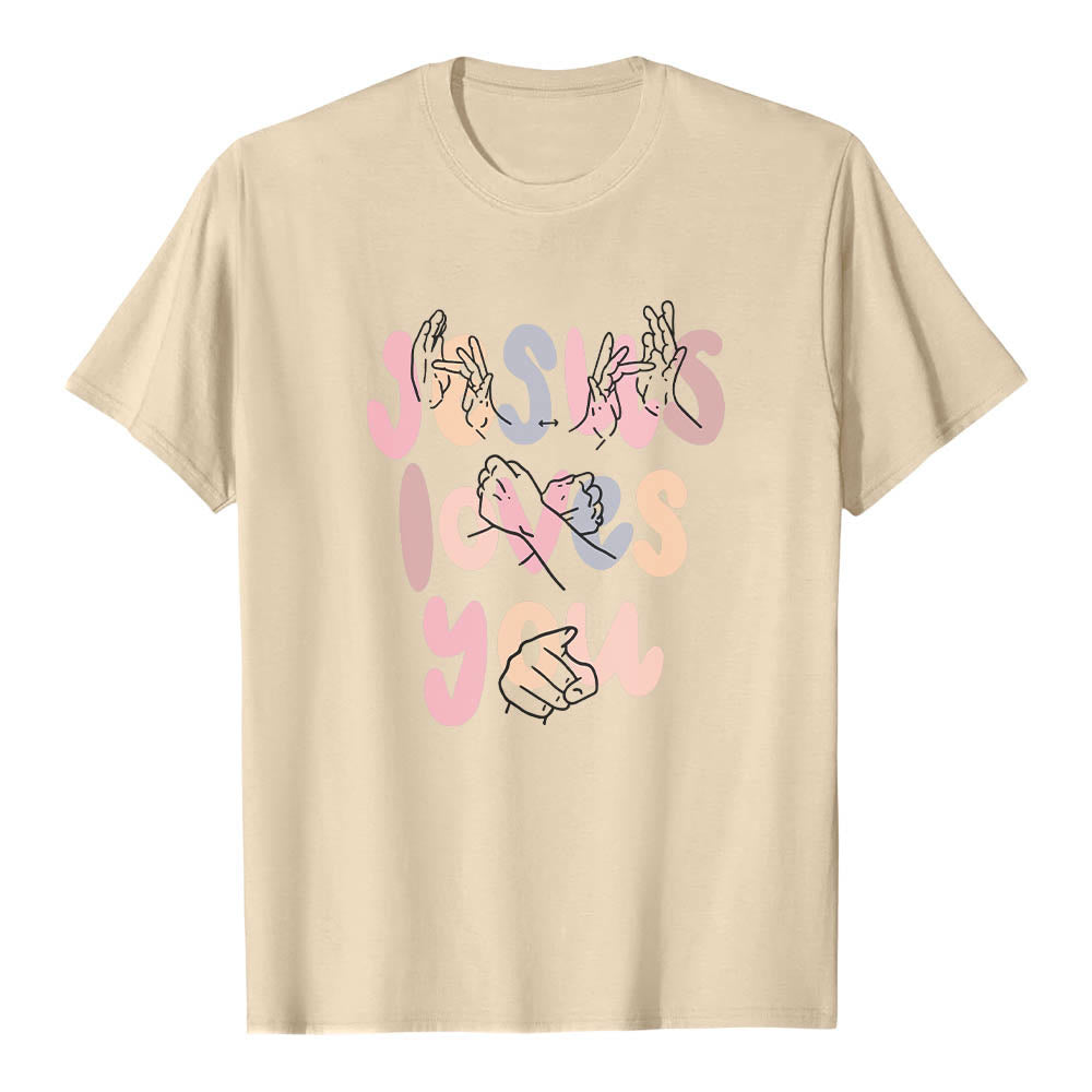 Christianartworkshop Jesus liebt dich – Bubble Letter Gebärdensprache Handlinienkunst Frontdruck Klassisches T-Shirt - Beige - 2XL - image 18