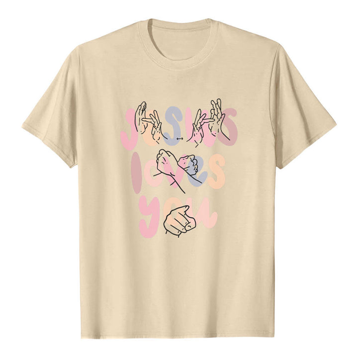 Christianartworkshop Jesus liebt dich – Bubble Letter Gebärdensprache Handlinienkunst Frontdruck Klassisches T-Shirt - Beige - 2XL - image 18