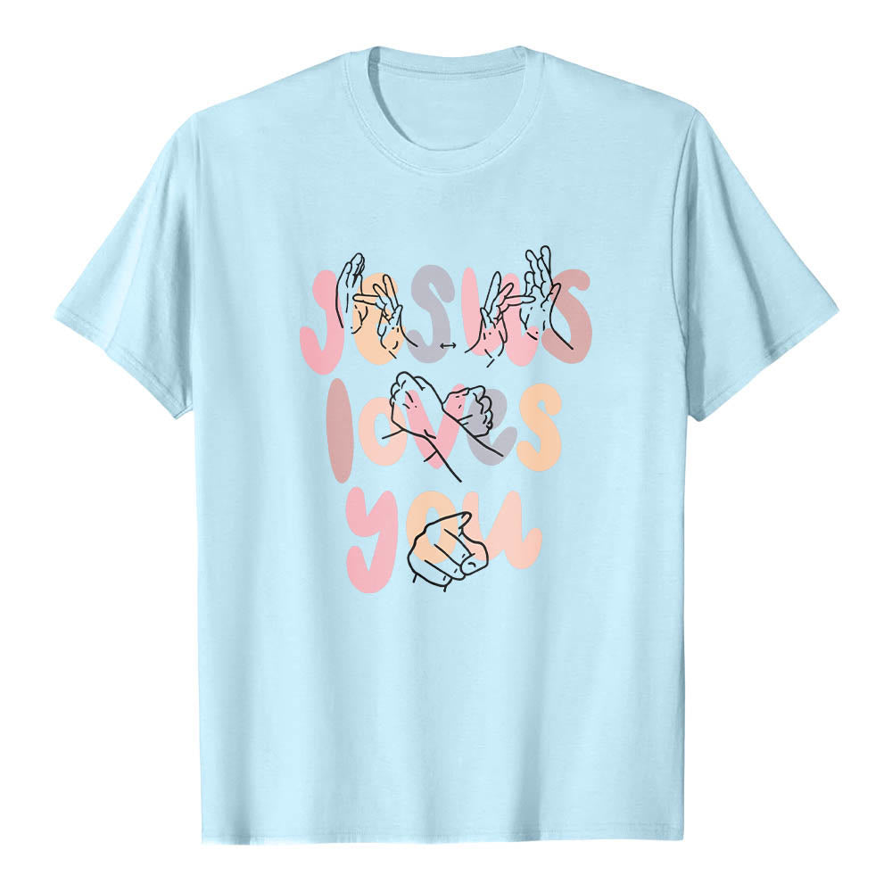 Christianartworkshop Jesus liebt dich – Bubble Letter Gebärdensprache Handlinienkunst Frontdruck Klassisches T-Shirt - Blau - 2XL - image 12