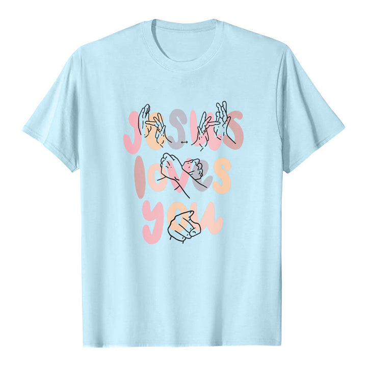 Christianartworkshop Jesus liebt dich – Bubble Letter Gebärdensprache Handlinienkunst Frontdruck Klassisches T-Shirt - Blau - 2XL - image 12