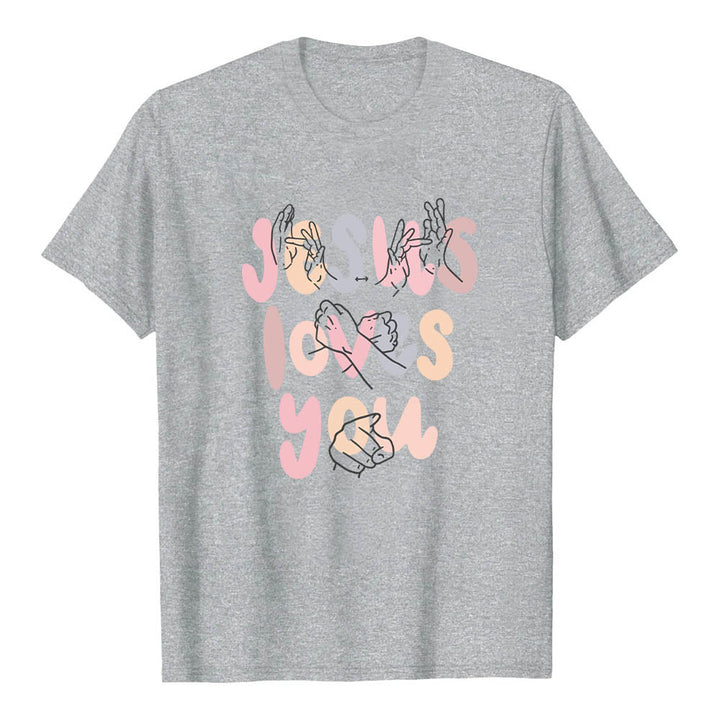Christianartworkshop Jesus liebt dich – Bubble Letter Gebärdensprache Handlinienkunst Frontdruck Klassisches T-Shirt - Grau - 2XL - image 0