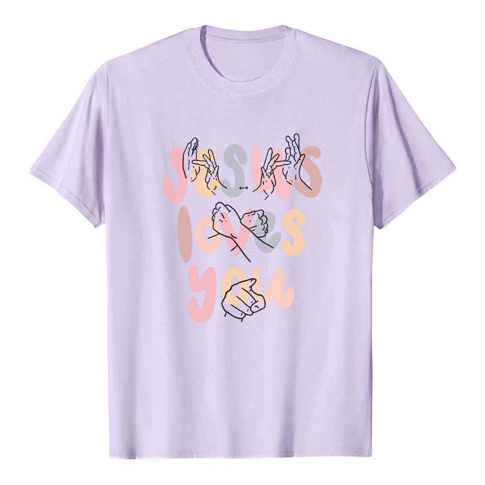 Christianartworkshop Jesus liebt dich – Bubble Letter Gebärdensprache Handlinienkunst Frontdruck Klassisches T-Shirt - Lila - 2XL - image 15