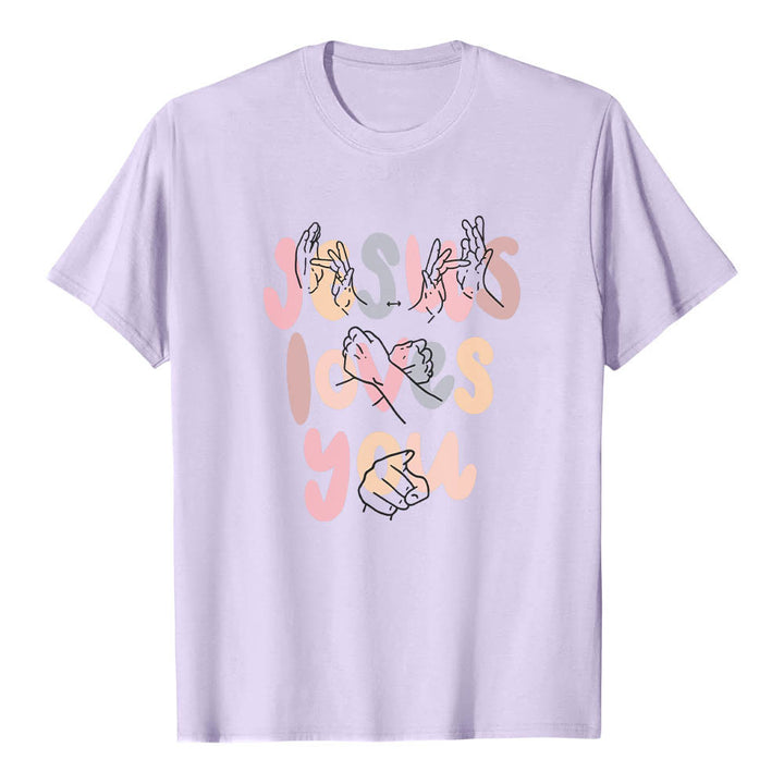 Christianartworkshop Jesus liebt dich – Bubble Letter Gebärdensprache Handlinienkunst Frontdruck Klassisches T-Shirt - Lila - 2XL - image 15