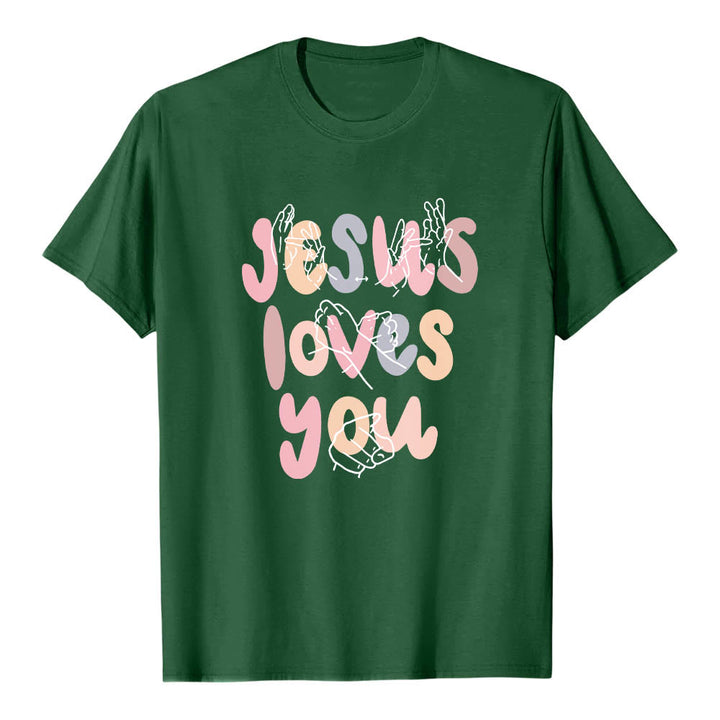 Christianartworkshop Jesus liebt dich – Bubble Letter Gebärdensprache Handlinienkunst Frontdruck Klassisches T-Shirt - Dunkelgrün - 2XL - image 6