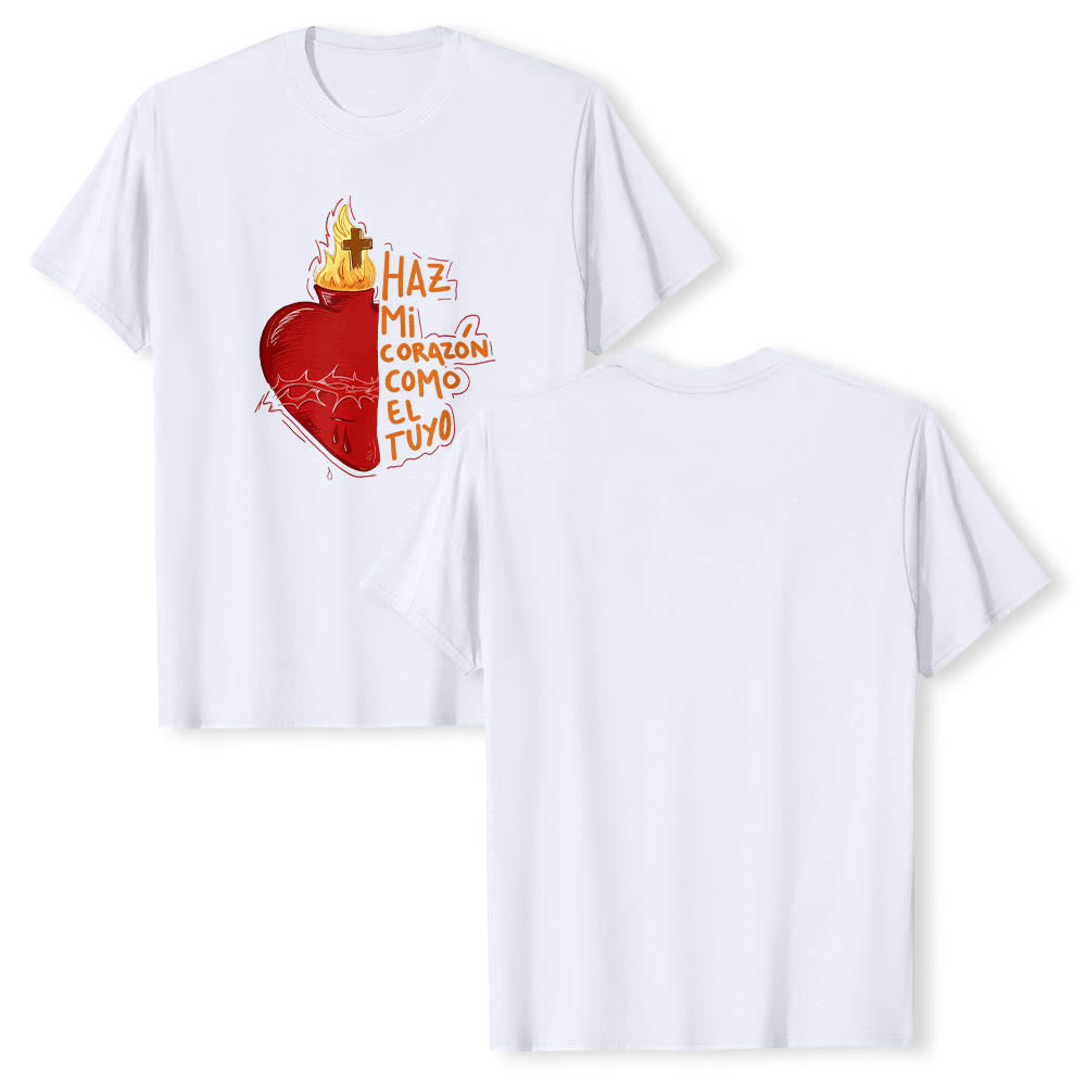 Christianartworkshop Heilige Dornenwunde, Flamme, Kreuz, Herz – Spanischer Andachtsspruch – Klassisches T-Shirt mit Frontdruck - image 5