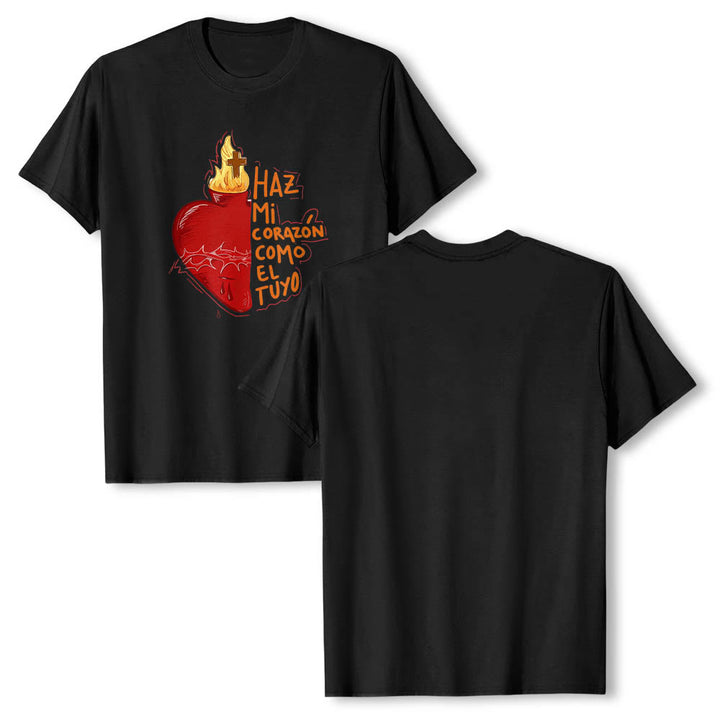 Christianartworkshop Heilige Dornenwunde, Flamme, Kreuz, Herz – Spanischer Andachtsspruch – Klassisches T-Shirt mit Frontdruck - image 9