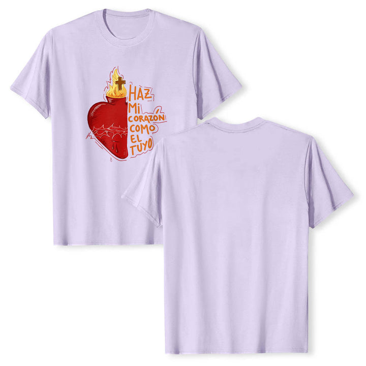 Christianartworkshop Heilige Dornenwunde, Flamme, Kreuz, Herz – Spanischer Andachtsspruch – Klassisches T-Shirt mit Frontdruck - image 13