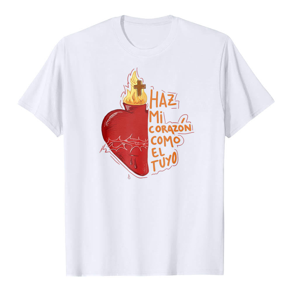 Christianartworkshop Heilige Dornenwunde, Flamme, Kreuz, Herz – Spanischer Andachtsspruch – Klassisches T-Shirt mit Frontdruck - Weiß - 2XL - image 4