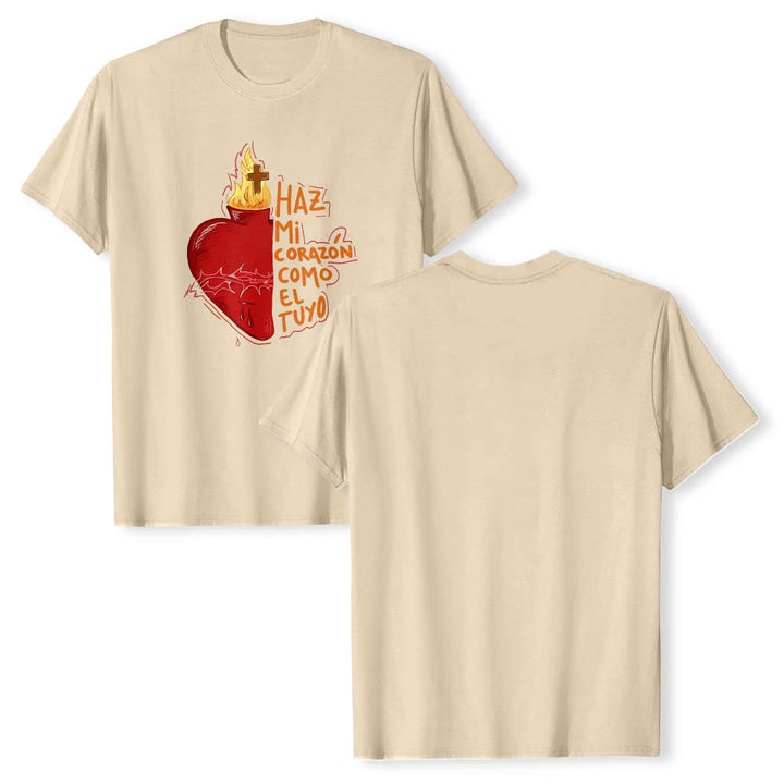 Christianartworkshop Heilige Dornenwunde, Flamme, Kreuz, Herz – Spanischer Andachtsspruch – Klassisches T-Shirt mit Frontdruck - image 1