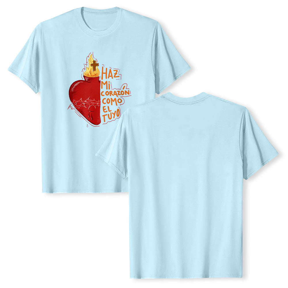 Christianartworkshop Heilige Dornenwunde, Flamme, Kreuz, Herz – Spanischer Andachtsspruch – Klassisches T-Shirt mit Frontdruck - image 11