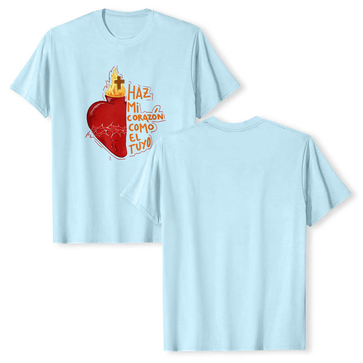 Christianartworkshop Heilige Dornenwunde, Flamme, Kreuz, Herz – Spanischer Andachtsspruch – Klassisches T-Shirt mit Frontdruck - image 11