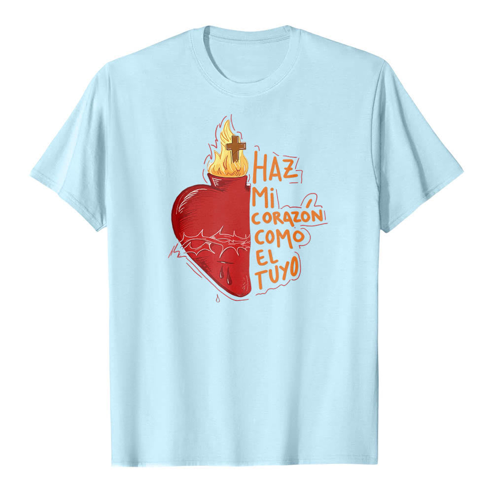 Christianartworkshop Heilige Dornenwunde, Flamme, Kreuz, Herz – Spanischer Andachtsspruch – Klassisches T-Shirt mit Frontdruck - Blau - 2XL - image 10