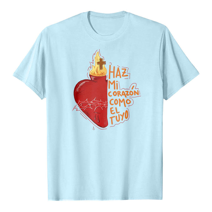 Christianartworkshop Heilige Dornenwunde, Flamme, Kreuz, Herz – Spanischer Andachtsspruch – Klassisches T-Shirt mit Frontdruck - Blau - 2XL - image 10