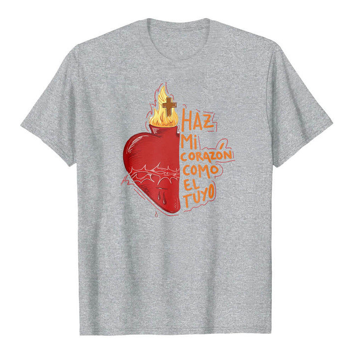 Christianartworkshop Heilige Dornenwunde, Flamme, Kreuz, Herz – Spanischer Andachtsspruch – Klassisches T-Shirt mit Frontdruck - Grau - 2XL - image 2