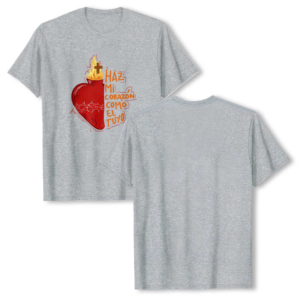 Christianartworkshop Heilige Dornenwunde, Flamme, Kreuz, Herz – Spanischer Andachtsspruch – Klassisches T-Shirt mit Frontdruck - image 3