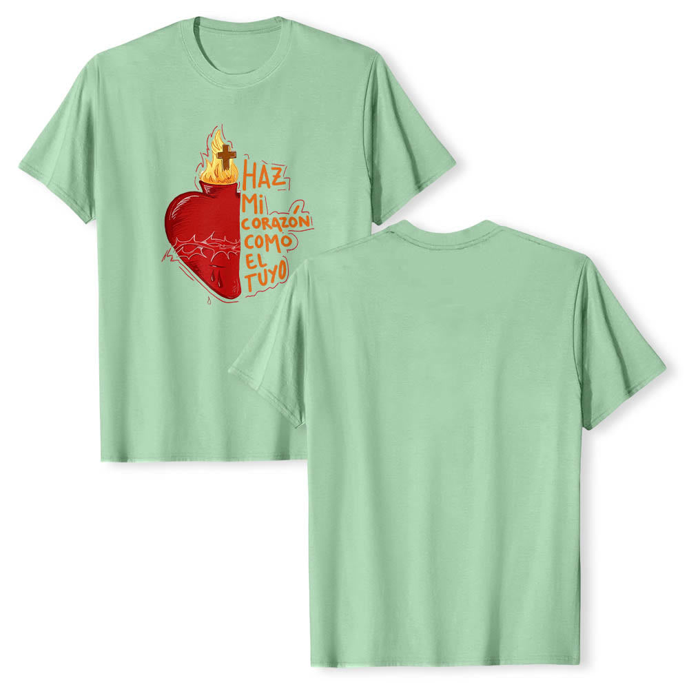 Christianartworkshop Heilige Dornenwunde, Flamme, Kreuz, Herz – Spanischer Andachtsspruch – Klassisches T-Shirt mit Frontdruck - image 15