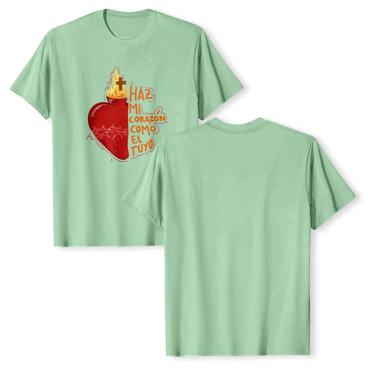 Christianartworkshop Heilige Dornenwunde, Flamme, Kreuz, Herz – Spanischer Andachtsspruch – Klassisches T-Shirt mit Frontdruck - image 15