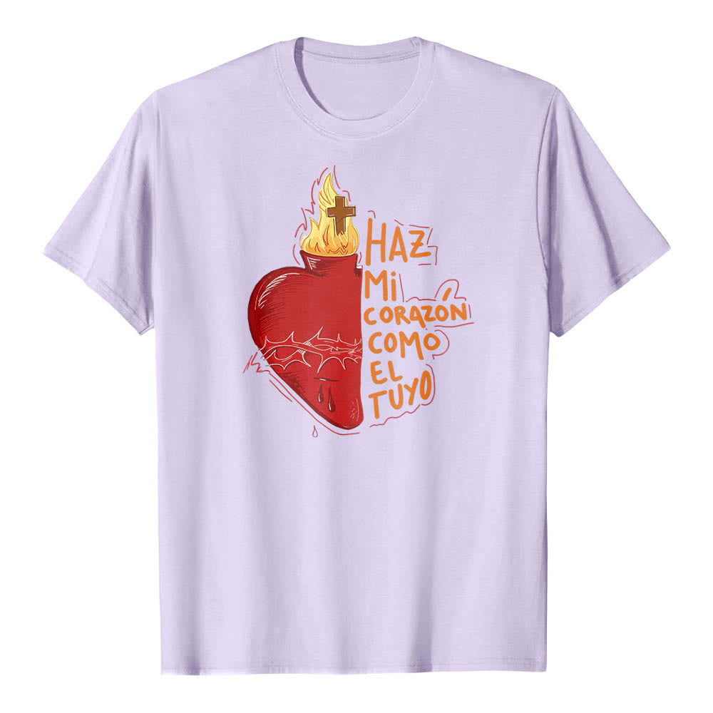Christianartworkshop Heilige Dornenwunde, Flamme, Kreuz, Herz – Spanischer Andachtsspruch – Klassisches T-Shirt mit Frontdruck - Lila - 2XL - image 12