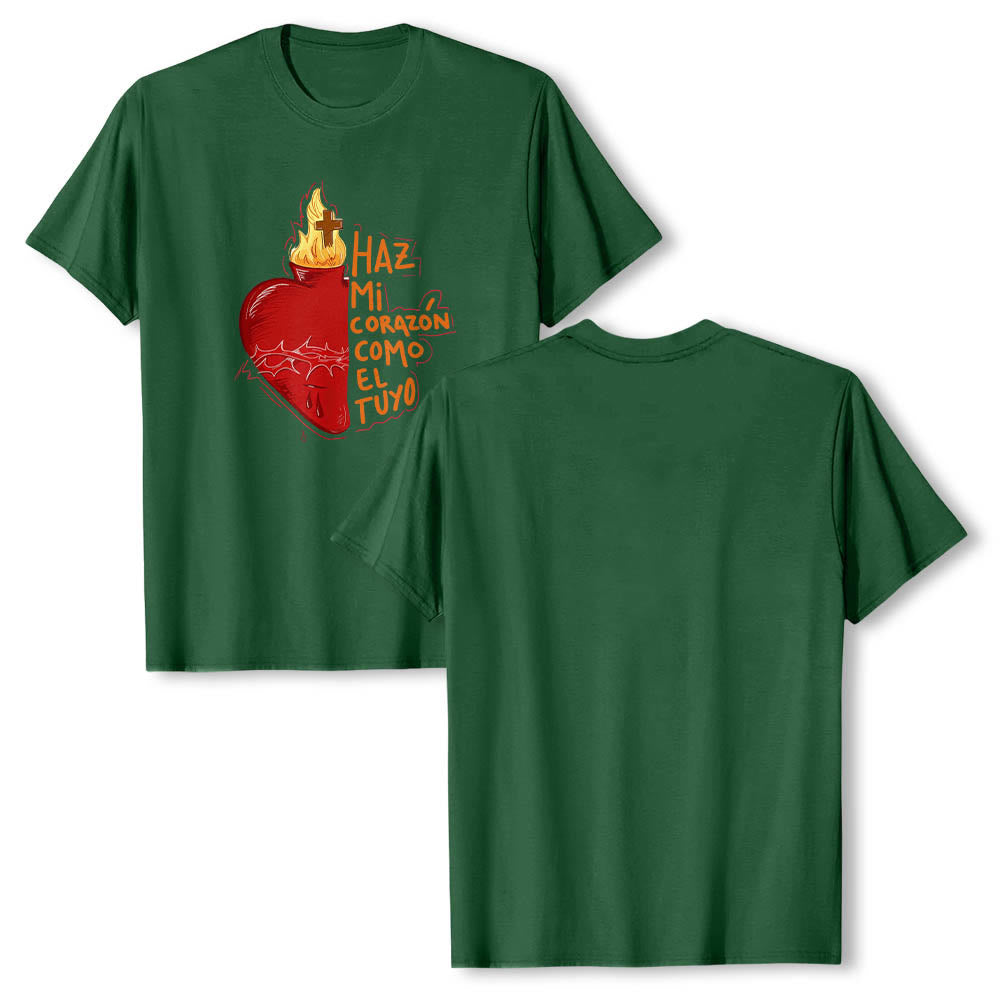 Christianartworkshop Heilige Dornenwunde, Flamme, Kreuz, Herz – Spanischer Andachtsspruch – Klassisches T-Shirt mit Frontdruck - image 7