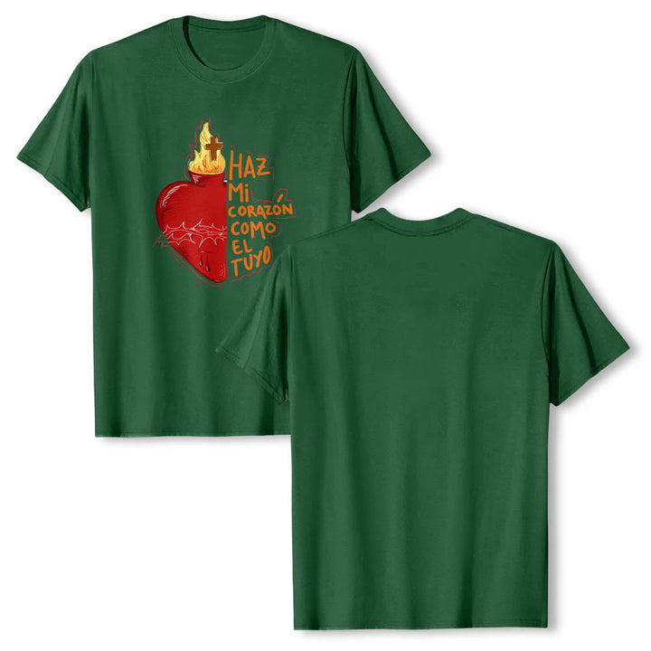 Christianartworkshop Heilige Dornenwunde, Flamme, Kreuz, Herz – Spanischer Andachtsspruch – Klassisches T-Shirt mit Frontdruck - image 7