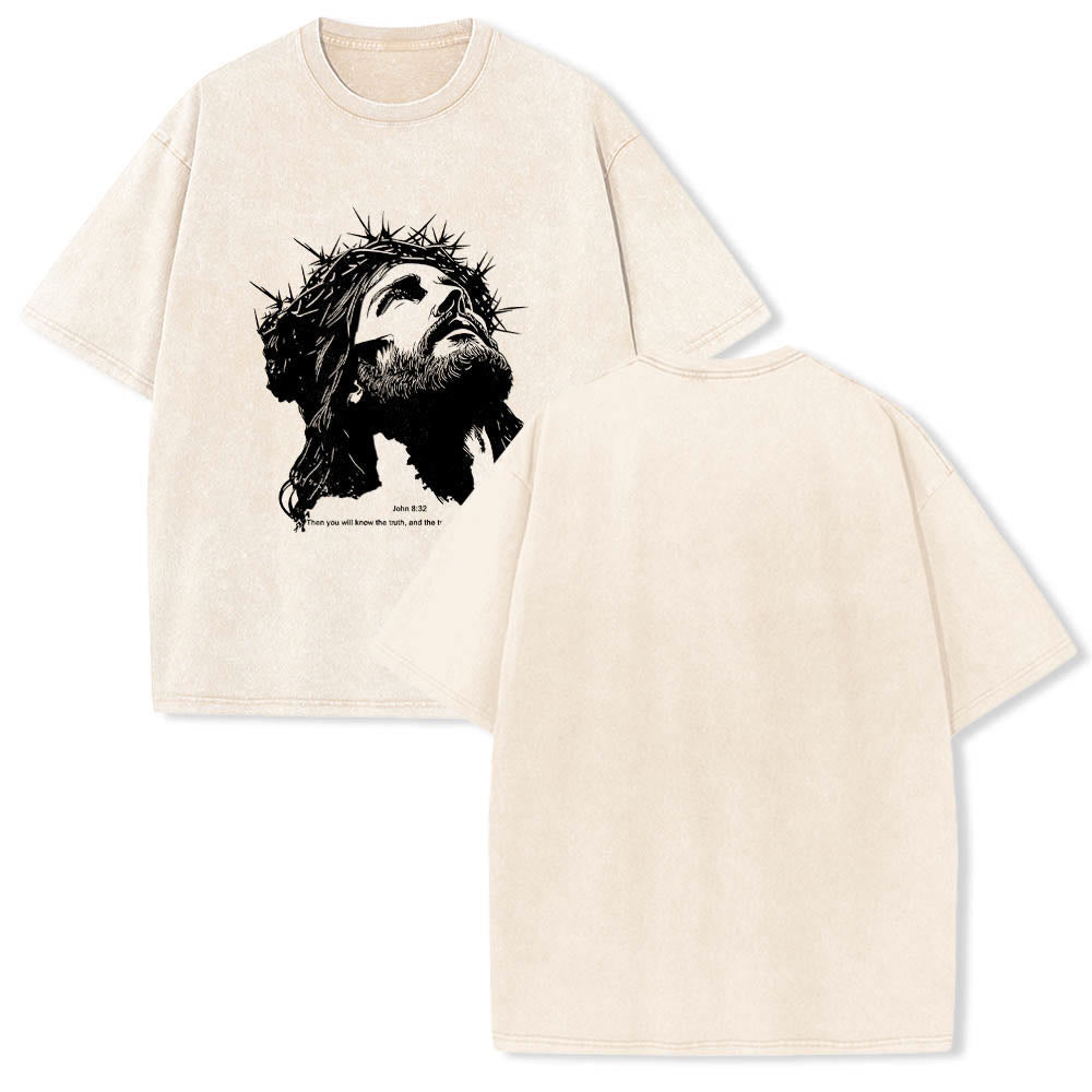 Christianartworkshop Dornenkrone Jesus-Porträt Johannes 8,32 Bibelvers-Aufdruck auf der Vorderseite Vintage-T-Shirt - image 1