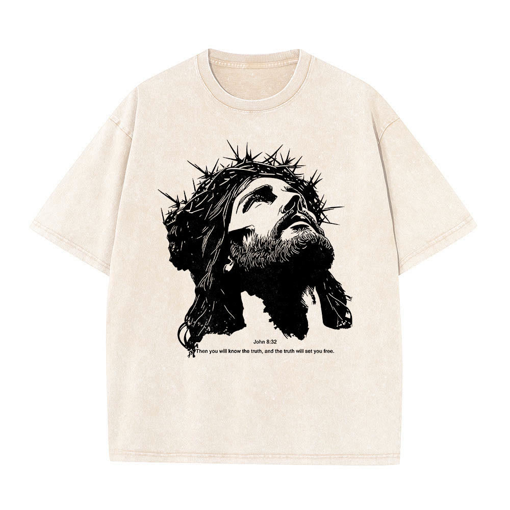 Christianartworkshop Dornenkrone Jesus-Porträt Johannes 8,32 Bibelvers-Aufdruck auf der Vorderseite Vintage-T-Shirt - Beige - 5XL - image 0