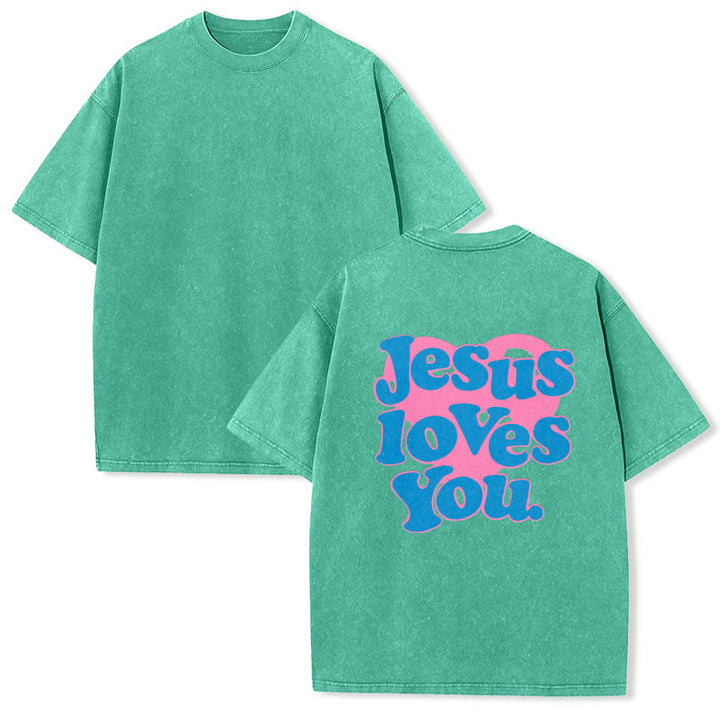 Christianartworkshop Herzförmiger Rücken, Bubble-Schriftzug, Jesus liebt dich – Statement-Print, gewaschenes T-Shirt - image 11