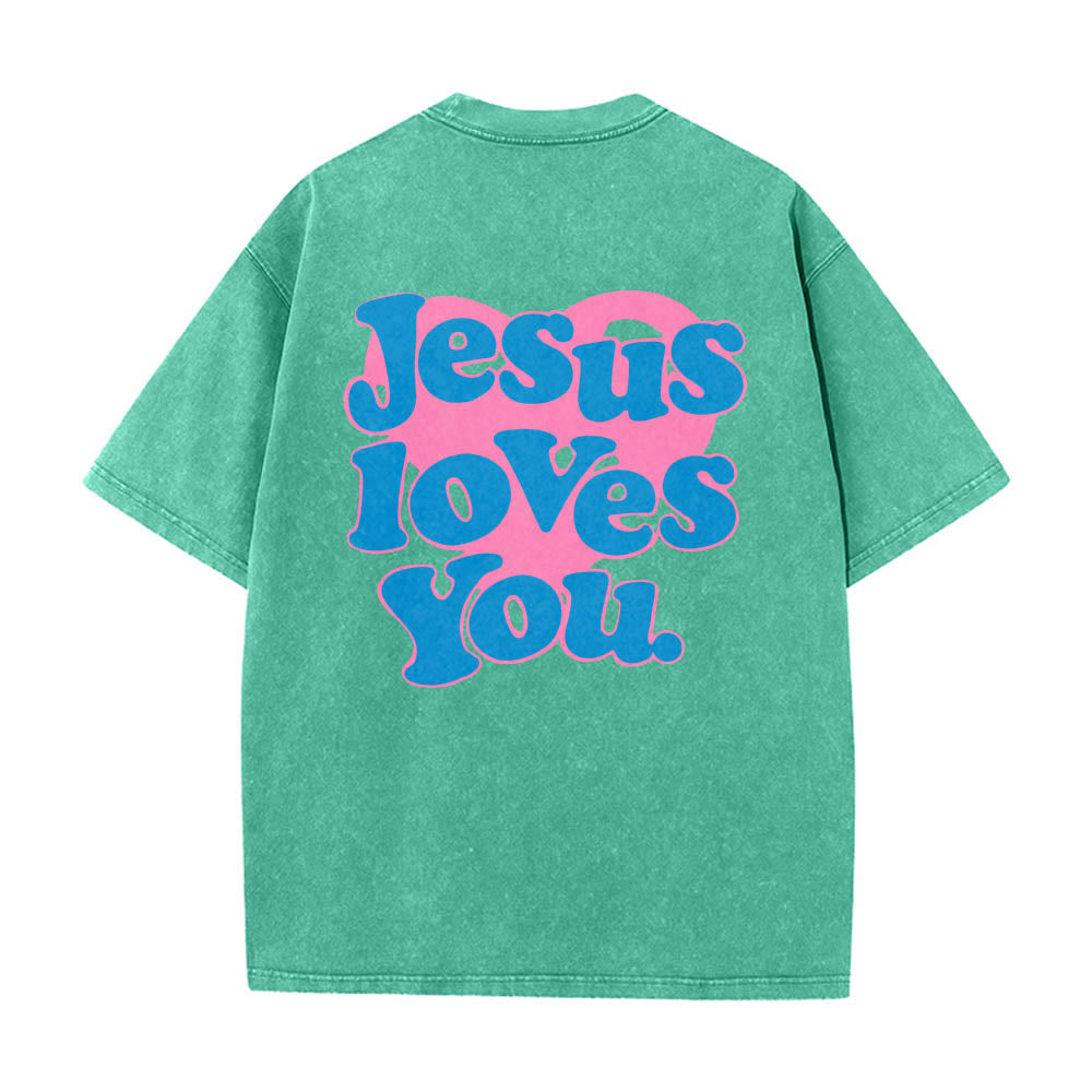 Christianartworkshop Herzförmiger Rücken, Bubble-Schriftzug, Jesus liebt dich – Statement-Print, gewaschenes T-Shirt - Grün - 5XL - image 10