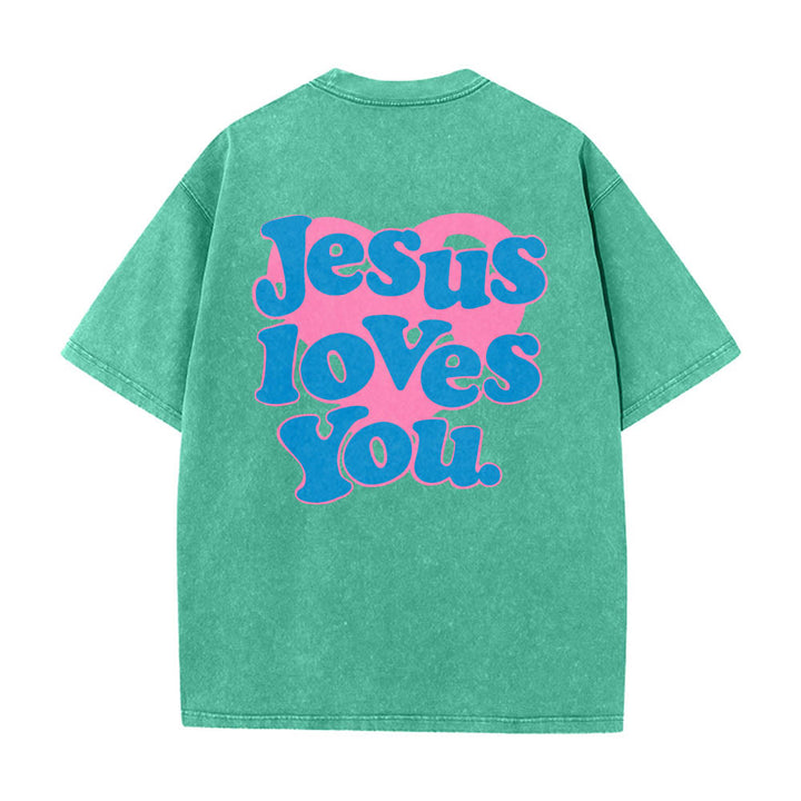 Christianartworkshop Herzförmiger Rücken, Bubble-Schriftzug, Jesus liebt dich – Statement-Print, gewaschenes T-Shirt - Grün - 5XL - image 10