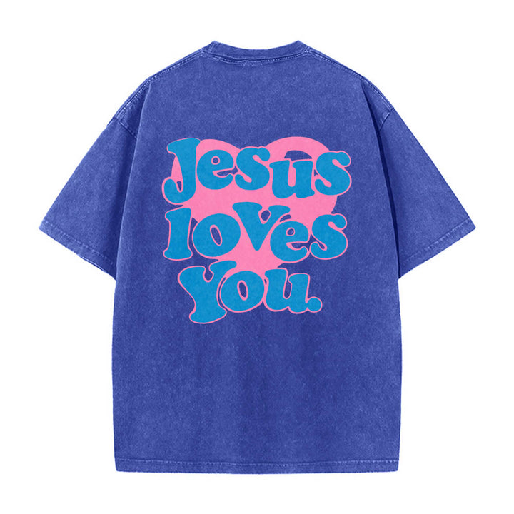 Christianartworkshop Herzförmiger Rücken, Bubble-Schriftzug, Jesus liebt dich – Statement-Print, gewaschenes T-Shirt - Blau - 5XL - image 6