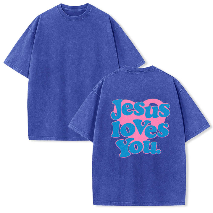 Christianartworkshop Herzförmiger Rücken, Bubble-Schriftzug, Jesus liebt dich – Statement-Print, gewaschenes T-Shirt - image 7