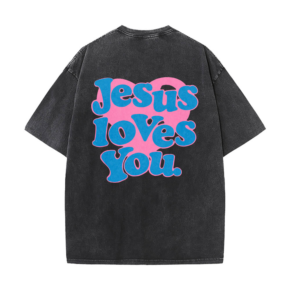 Christianartworkshop Herzförmiger Rücken, Bubble-Schriftzug, Jesus liebt dich – Statement-Print, gewaschenes T-Shirt - Schwarz - 5XL - image 4