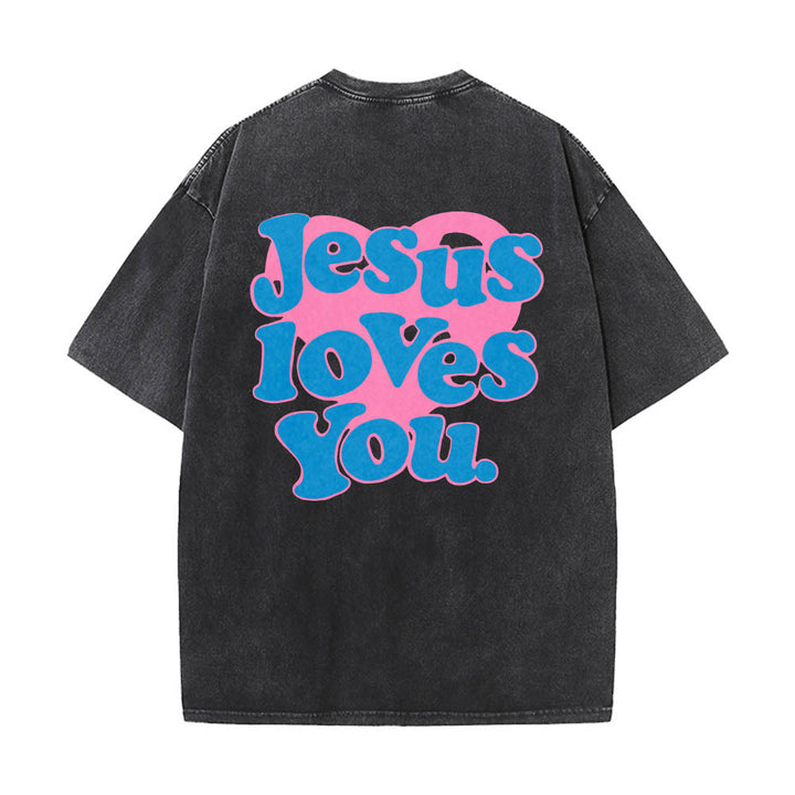 Christianartworkshop Herzförmiger Rücken, Bubble-Schriftzug, Jesus liebt dich – Statement-Print, gewaschenes T-Shirt - Schwarz - 5XL - image 4