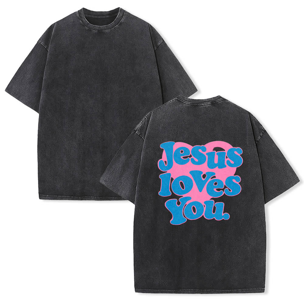 Christianartworkshop Herzförmiger Rücken, Bubble-Schriftzug, Jesus liebt dich – Statement-Print, gewaschenes T-Shirt - image 5