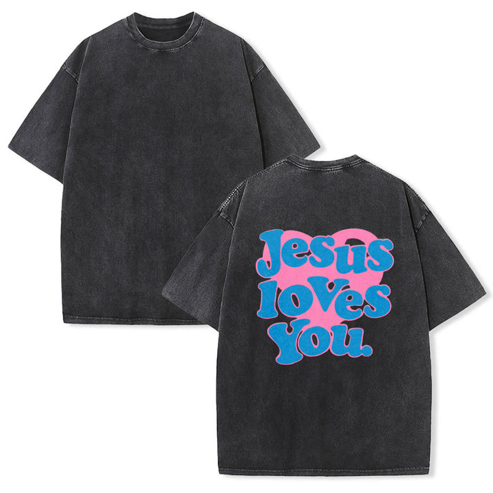 Christianartworkshop Herzförmiger Rücken, Bubble-Schriftzug, Jesus liebt dich – Statement-Print, gewaschenes T-Shirt - image 5