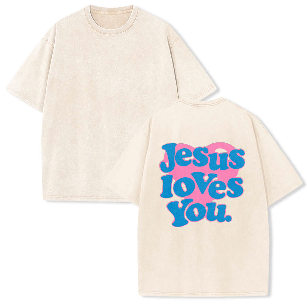 Christianartworkshop Herzförmiger Rücken, Bubble-Schriftzug, Jesus liebt dich – Statement-Print, gewaschenes T-Shirt - image 1
