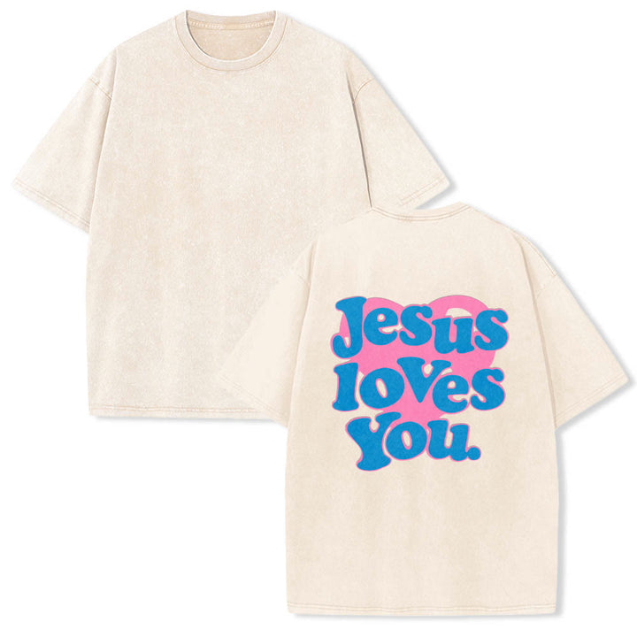 Christianartworkshop Herzförmiger Rücken, Bubble-Schriftzug, Jesus liebt dich – Statement-Print, gewaschenes T-Shirt - image 1