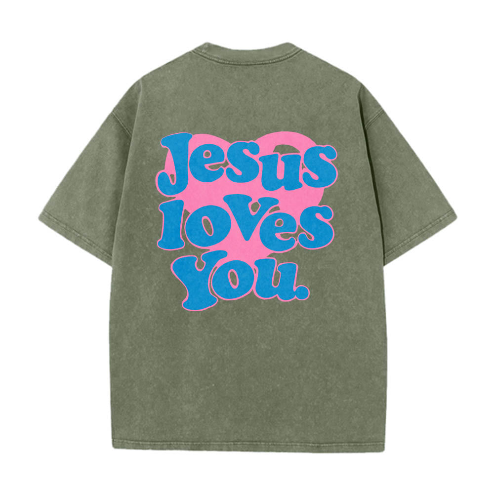 Christianartworkshop Herzförmiger Rücken, Bubble-Schriftzug, Jesus liebt dich – Statement-Print, gewaschenes T-Shirt - Armeegrün - 5XL - image 16