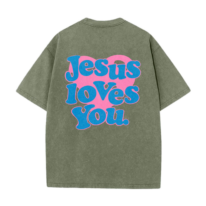 Christianartworkshop Herzförmiger Rücken, Bubble-Schriftzug, Jesus liebt dich – Statement-Print, gewaschenes T-Shirt - Armeegrün - 5XL - image 16