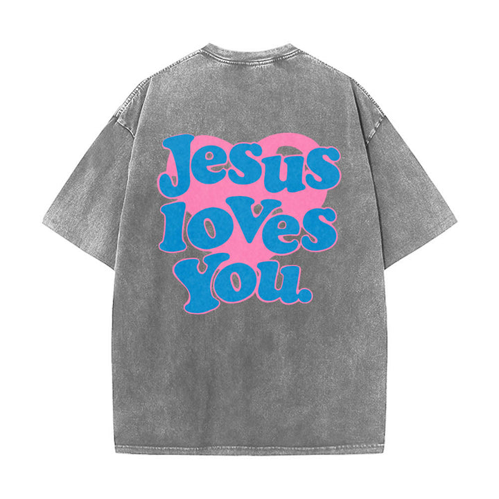 Christianartworkshop Herzförmiger Rücken, Bubble-Schriftzug, Jesus liebt dich – Statement-Print, gewaschenes T-Shirt - Grau - 5XL - image 2