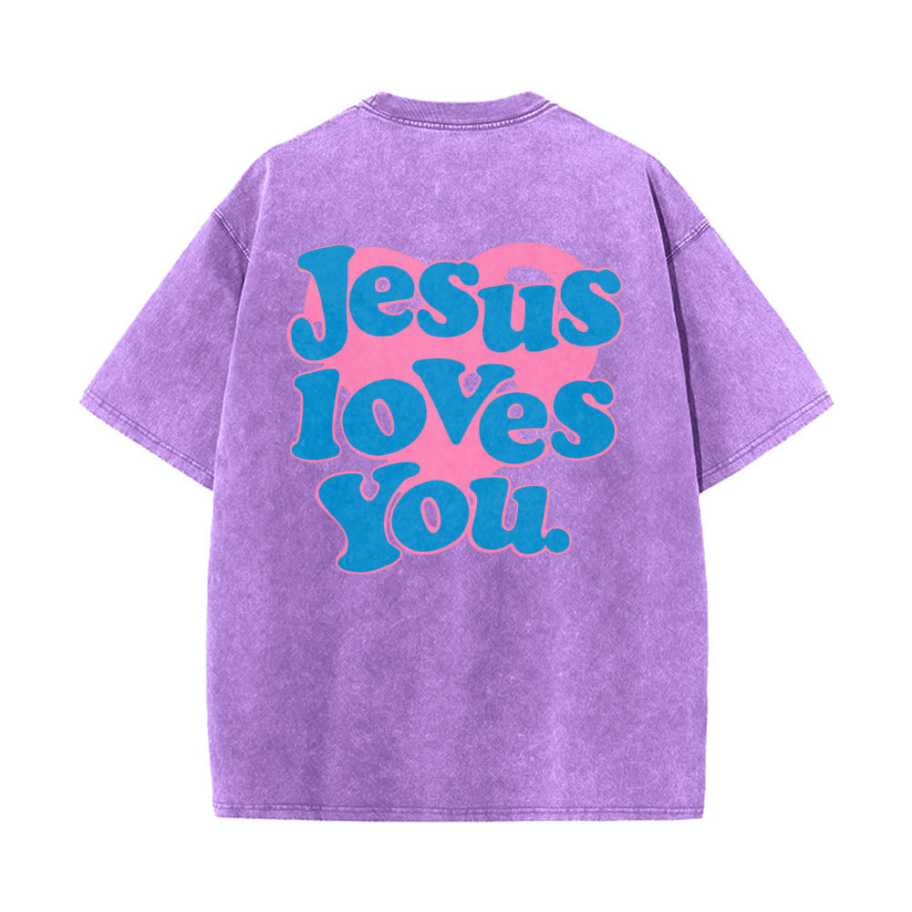 Christianartworkshop Herzförmiger Rücken, Bubble-Schriftzug, Jesus liebt dich – Statement-Print, gewaschenes T-Shirt - Lila - 5XL - image 12