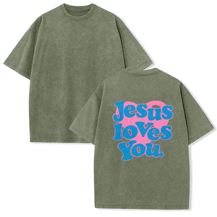 Christianartworkshop Herzförmiger Rücken, Bubble-Schriftzug, Jesus liebt dich – Statement-Print, gewaschenes T-Shirt - image 17