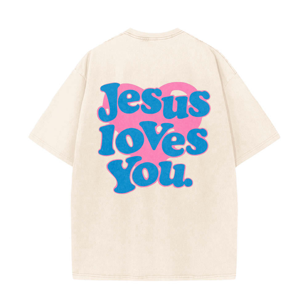 Christianartworkshop Herzförmiger Rücken, Bubble-Schriftzug, Jesus liebt dich – Statement-Print, gewaschenes T-Shirt - Beige - 5XL - image 0