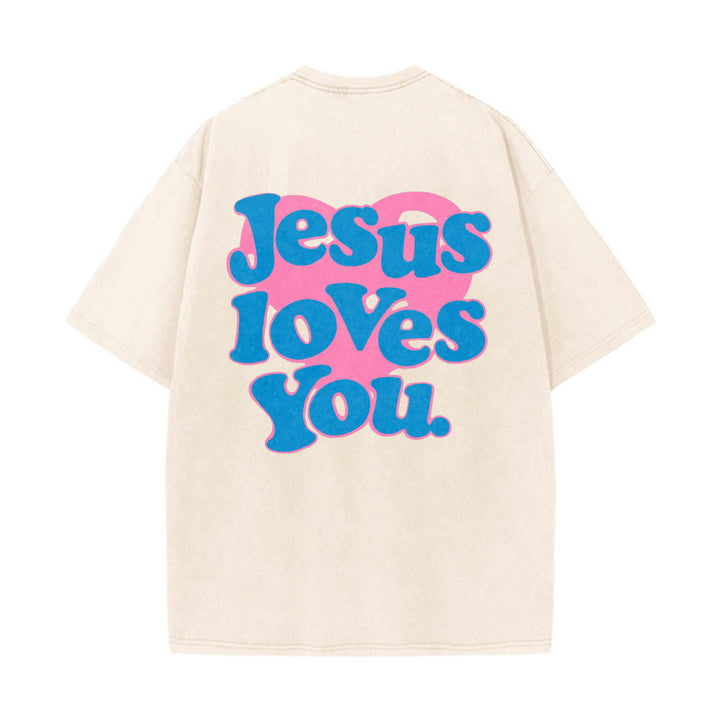 Christianartworkshop Herzförmiger Rücken, Bubble-Schriftzug, Jesus liebt dich – Statement-Print, gewaschenes T-Shirt - Beige - 5XL - image 0