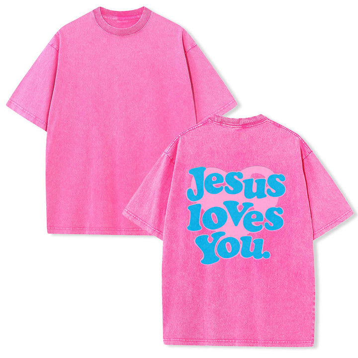 Christianartworkshop Herzförmiger Rücken, Bubble-Schriftzug, Jesus liebt dich – Statement-Print, gewaschenes T-Shirt - image 15
