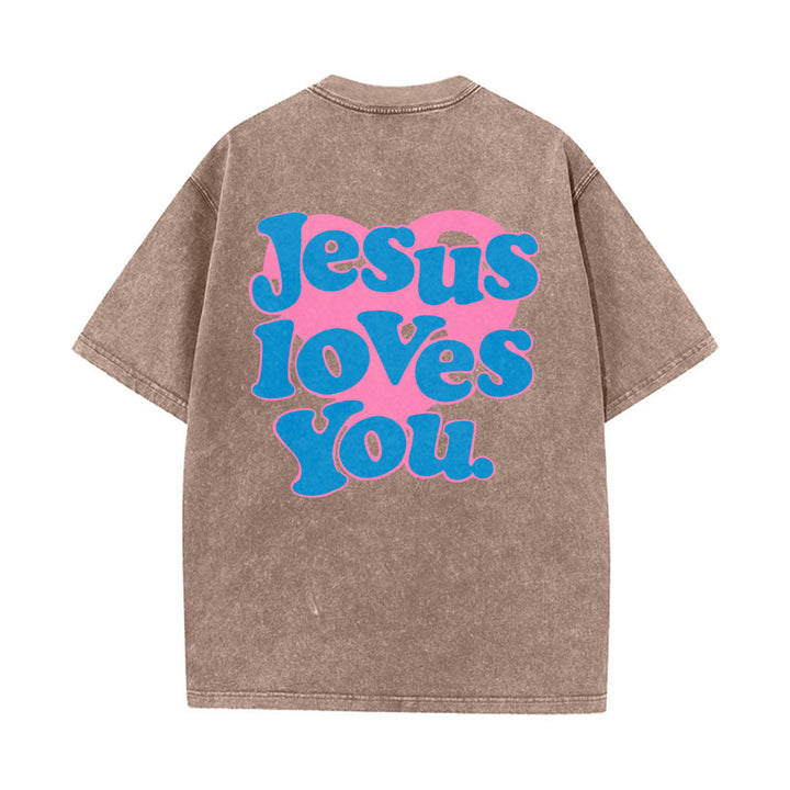 Christianartworkshop Herzförmiger Rücken, Bubble-Schriftzug, Jesus liebt dich – Statement-Print, gewaschenes T-Shirt - Braun - 5XL - image 8