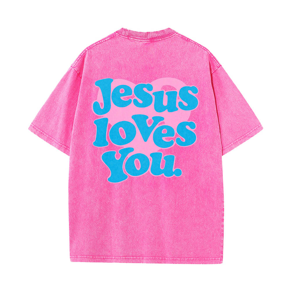 Christianartworkshop Herzförmiger Rücken, Bubble-Schriftzug, Jesus liebt dich – Statement-Print, gewaschenes T-Shirt - Rosa - 5XL - image 14