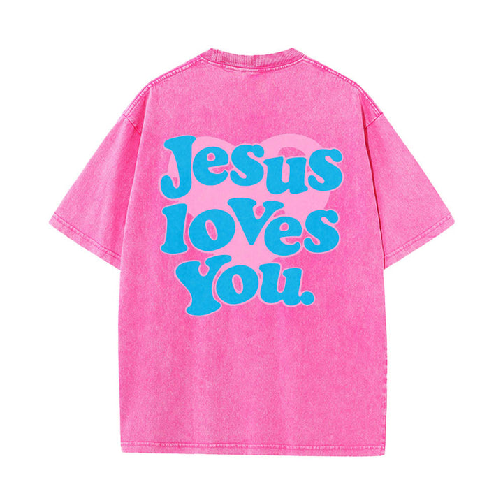 Christianartworkshop Herzförmiger Rücken, Bubble-Schriftzug, Jesus liebt dich – Statement-Print, gewaschenes T-Shirt - Rosa - 5XL - image 14